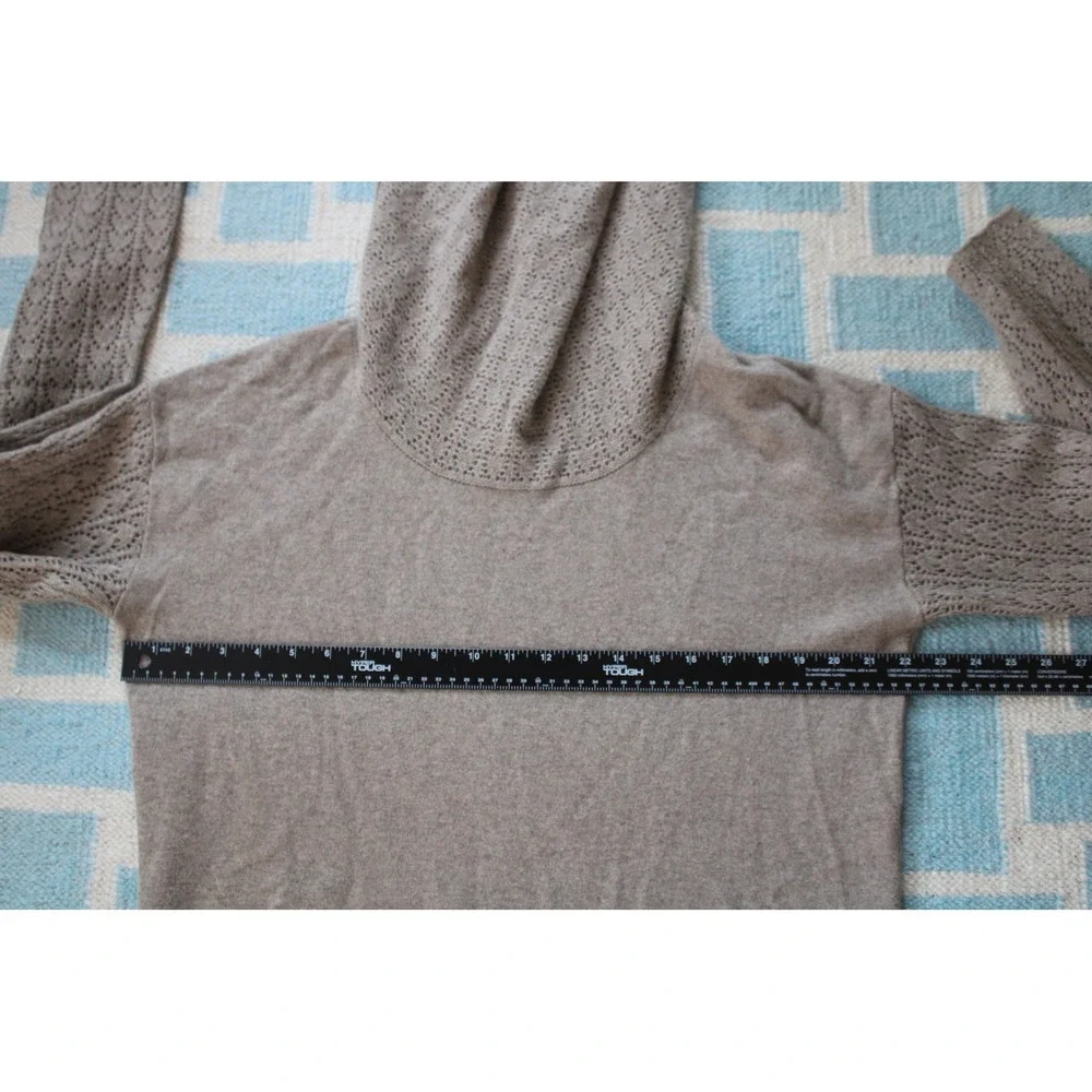 Garnet Hill L Taupe Brown Cashmere Cowl Neck Sweater Pointelle Knit 41698 - Picture 9 of 10